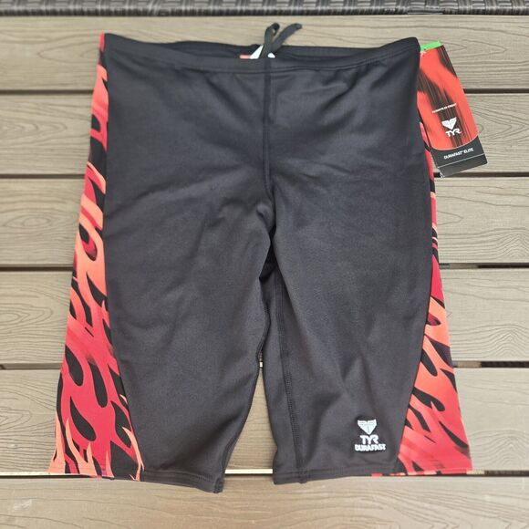 TYR Durafast Elite Inferno Red/black Splice  Drawstring  Swim Jammer Size 32 New - Picture 1 of 3